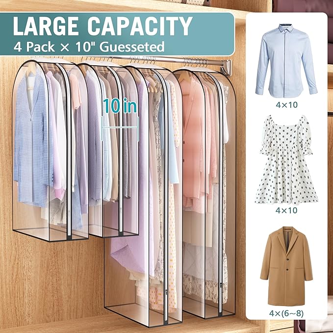 Clear Garment Bag for Hanging Clothes 10” Gusseted, 40&60” Suit Bags for Open Closet Storage Plastic Clothes Cover for Coat, Dress, Shirts, Fur, Jacket, Wardrobe Protectors, 4 Pack