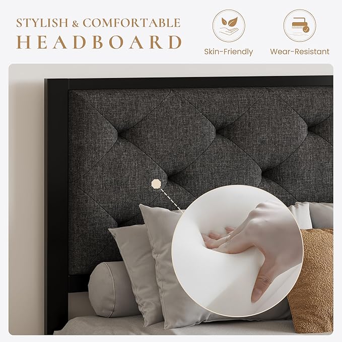 SHA CERLIN Full Size Metal Platform Bed Frame,Linen Upholstered Button Tufted Headboard, Mattress Foundation with 12.4” Under-Bed Storage, Noise-Free, Easy Assembly, No Box Spring Needed, Dark Grey