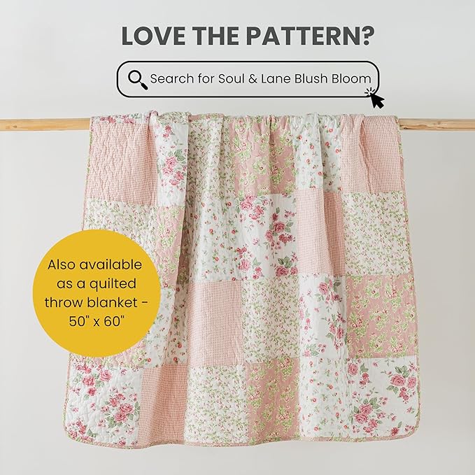 Soul & Lane Blush Bloom Cotton Quilt Set - Queen Size with 2 Shams, Floral Patchwork Quilted Comforter, Lightweight Country Pieced Bedspread in Blush and Pink, Roses Patch Work Bedding
