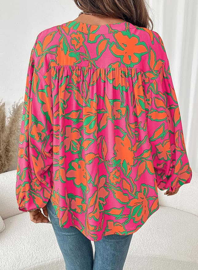 Astylish Womens 2026 Boho Floral Loose Spring Summer Tops Lantern Sleeve Flowy Blouses V Neck Button Down Shirts