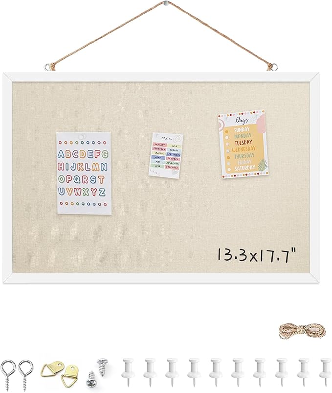 13.3x17.7 InchCork Board for Wall Hanging with Linen, Bulletin Board with Push Pins, Mounted Memo Message Board for Home Office Decor, Dorm Room Essentials, Classroom Organization