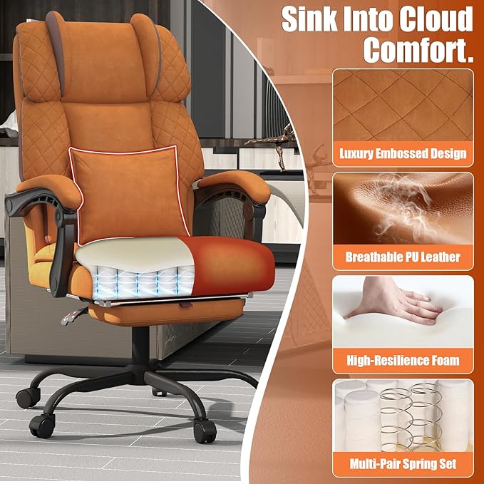 Ergonomic Office Chair with Footrest, 400lbs High Back Executive Home Office Computer Chair with Unique Ear-Shape Headrest for Neck Support,Brown Leather Office Chairs for Home Office Work
