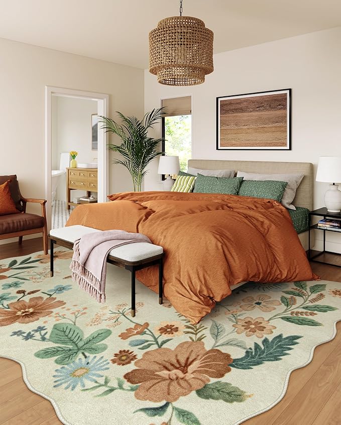 Lahome Floral Washable 6x9 Area Rugs, Soft Bedroom Rug for Living Room Ultra-Thin Non Slip Dining Room Rug, Stain Resistant Boho Rugs Easy Clean Throw Carpet for Office(6'x9',Beige)
