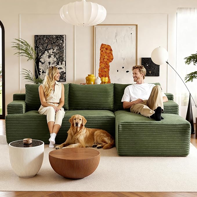 96''Sectional Couches for Living Room Modern Modular Sectional Sofa Upholstered Boneless Couch Comfy Cloud Couch with Chaise (Green, 96''W Right Facing Chaise)