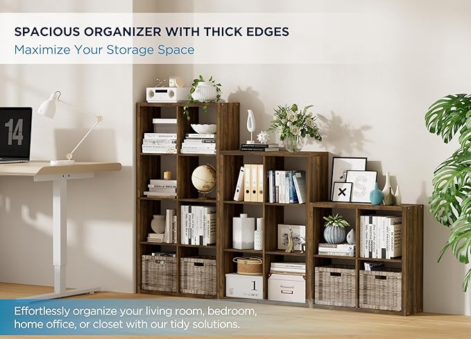 6 Cube Storage Organizer Single Row, Cube Shelf with Heavy-Duty Thick Boards, 13.31" L x 9.37" W x 72.36" H, Smooth Easy-Clean Panels, Simple Assembly, for Living Room Bedroom Office, Brown