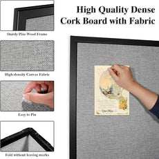 Bulletin Board 48 x 36 Inch, Foldable Cork Board for Walls, Wood Framed Bulletin Boards with Grey Canvas, Wall Mounted Corkboard for Office School Home Decorative
