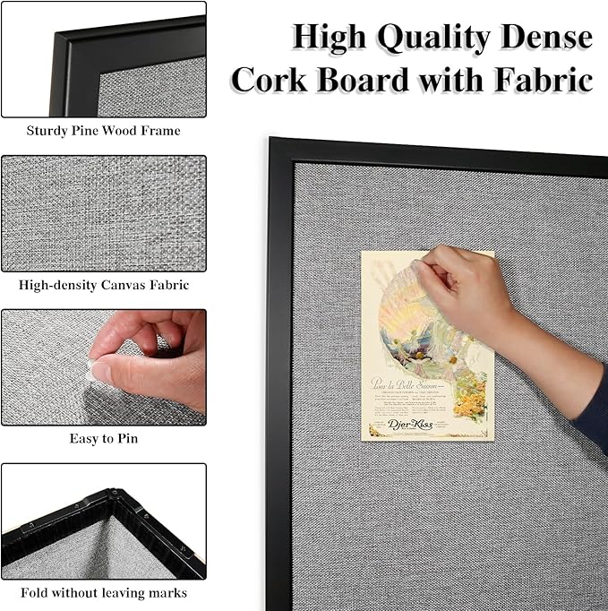 Bulletin Board 48 x 36 Inch, Foldable Cork Board for Walls, Wood Framed Bulletin Boards with Grey Canvas, Wall Mounted Corkboard for Office School Home Decorative