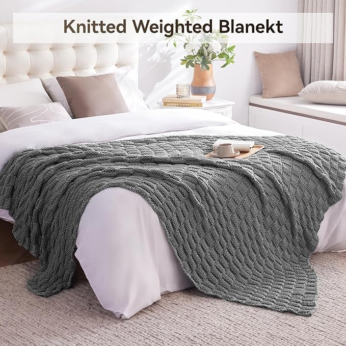 Knitted Weighted Blanket for Adult, No Beads Heavy Blanket 60” x 80'' 10lbs, Breathable Chunky Knit Blanket, Cooling Weighted Blanket for Hot Sleepers, Christmas Home Decor (Light Grey)