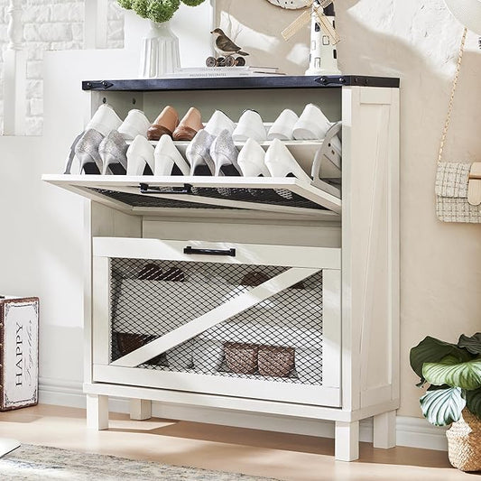 JXQTLINGMU Shoe Cabinet with 2 Flip Drawers, Farmhouse Shoe Storage Cabinet with Mesh Doors and Adjustable Shelves, Rustic Wooden Shoe Organizer, Small Shoe Cabinet Storage for Entryway, White