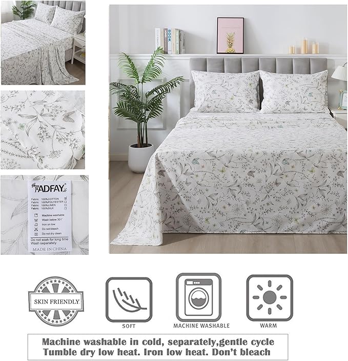 FADFAY Floral Sheets King Colorful Butterfly Bed Sheets Set Vintage Botanical Bedding Shabby Branches Leaves Bedding Collections 100% Percale Cotton Breathable Super Soft Deep Pocket 4Pcs, King Size