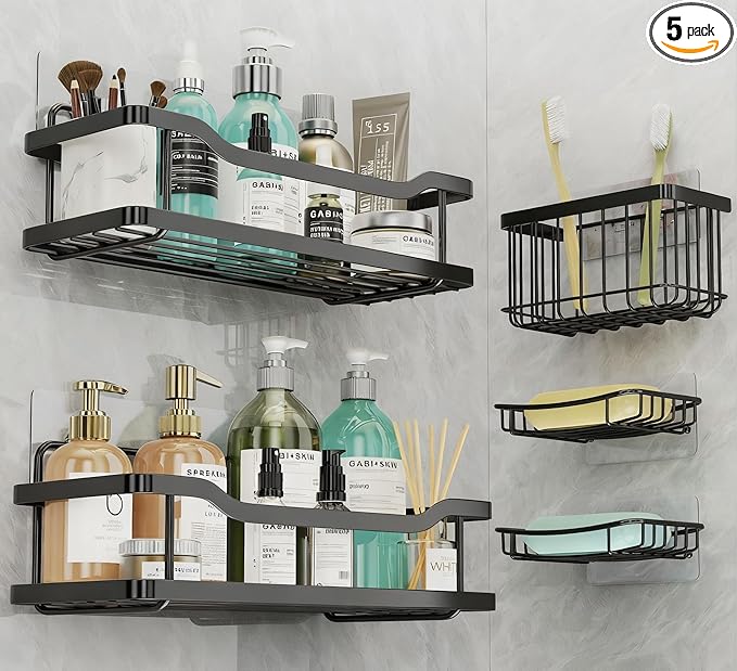 OMAIRA 5-Pack Shower Caddy with Soap Holder, Adhesive Rustproof No-drill Strudy Loading Inside Shower Organizer Shelves Rack Storage Bathroom Organization for Smooth Wall Glass Tile, Black (X-Large)