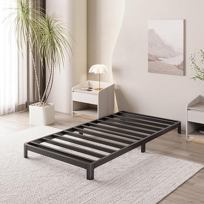 4 Inch Twin Bed Frame Low Profile No Box Spring Needed, Heavy Duty Metal Twin Size Platform Bed Frame with Rounded Corner Legs, Easy Assembly, Noise Free, Black