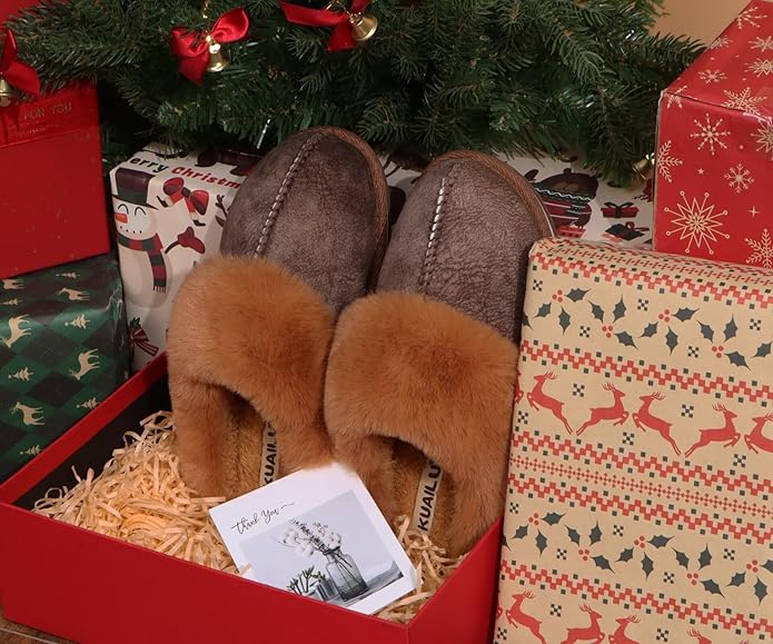 KuaiLu Womens Fluff Dual Memory Foam Slippers Ladies Cozy Arch Support Warm Scuff Slippers Slip on Comfy Winter House Shoes with Non-Slip Indoor Outdoor Hard Sole