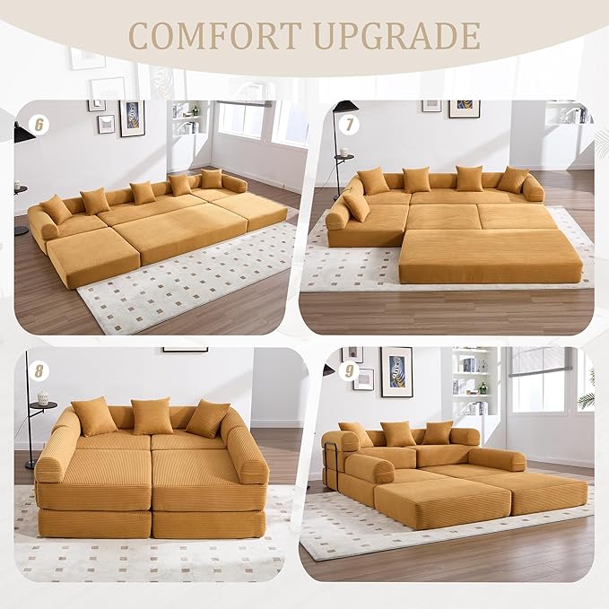 106" Oversized Convertible Sleeper Sofa Bed, Corduroy L Shape Sectional Couch, Folding Sofa Bed with Side Pocket, Modern Cloud Floor Mattress Couch, Modular Sofa for Living Room, Mustard Yellow