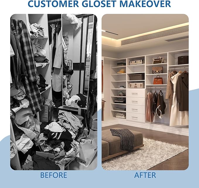 Modular Closet System, 55" Wide Closet Organizer System with Towers and Hanging, Wood Closet Tower Storage for Walk In Closets, Wall Mounted Wardrobe Organizer Kit System, Bedroom, White