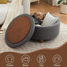 30Inch Round Storage Ottoman with Tray, Modern Tufted Fabric Circle Coffee Table with Storage, Upholstered Ottoman with Removable Top for Living Room, Bedroom, Dark Grey