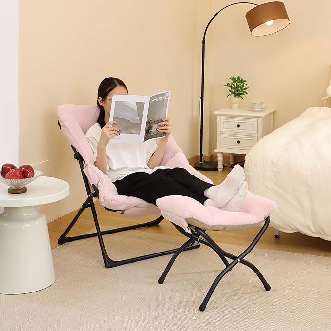 Comfy Saucer Chair for Adults, Soft Faux Fur Bedroom Chair, Accent Dorm Chairs, Flexible Living Room Reading Chairs, Oversized Folding Lounge Seat for Teens, X-Large, Light Pink