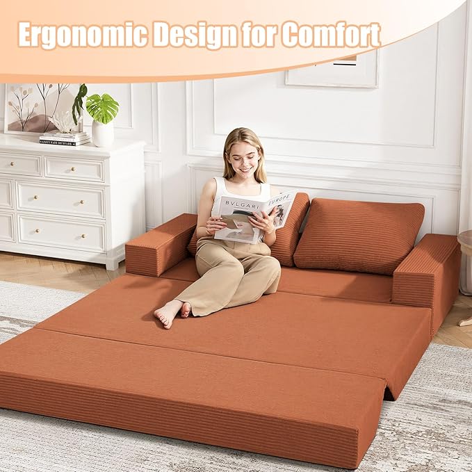 COMAX Convertible Sofa Bed Queen, Corduroy Folding Floor Couch Pull Out Couch Bed Futon Sleeper with Pillows, Fold Out Boneless Sofa Comfy Lounge Mattress Loveseat for Living Room Bedroom