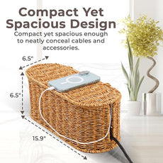 Cable Management Box, Handmade Rattan Cable Organizer, 2 Open Slots Cords Hider Box, Under Desk Cord Organizer for Computer Router USB Hub & Power Strip, Patent Pending, 15.9