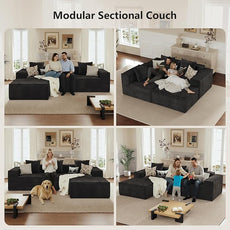 110” Sectional Boneless Couch, 3 Seat Grey Corduroy Convertible Sofa Bed with Pillows, Home Sofa Living Room Bedroom, Memory Foam Modular Couch Daybed Lazy Floor Bed