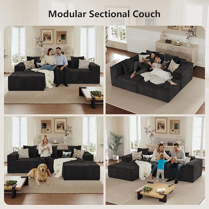 110” Sectional Boneless Couch, 3 Seat Grey Corduroy Convertible Sofa Bed with Pillows, Home Sofa Living Room Bedroom, Memory Foam Modular Couch Daybed Lazy Floor Bed