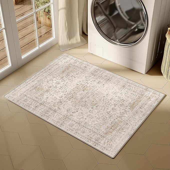 2x3 Washable Beige Area Rug Vintage Entryway Kitchen Carpet Non-Slip Soft Low Pile Distressed Indoor Small Throw Rug for Bedroom Bathroom Entrance