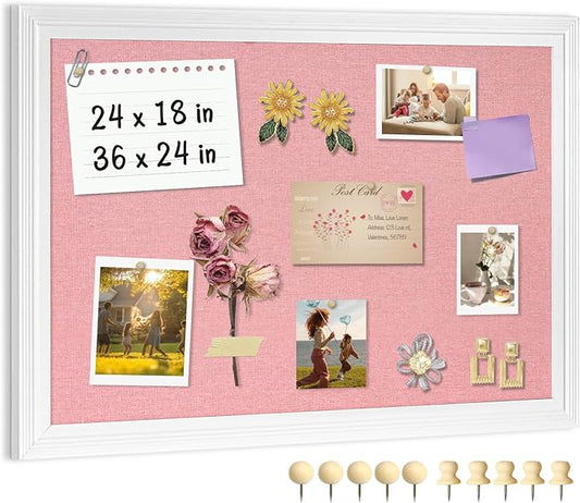 Large Pink Cork Board with Linen, 24" x 18" Hanging Wood Framed Bulletin Board, Picture Display Vision Board Corkboards for Wall Room School Office Decor, 10 Pushpins, 1 Pack