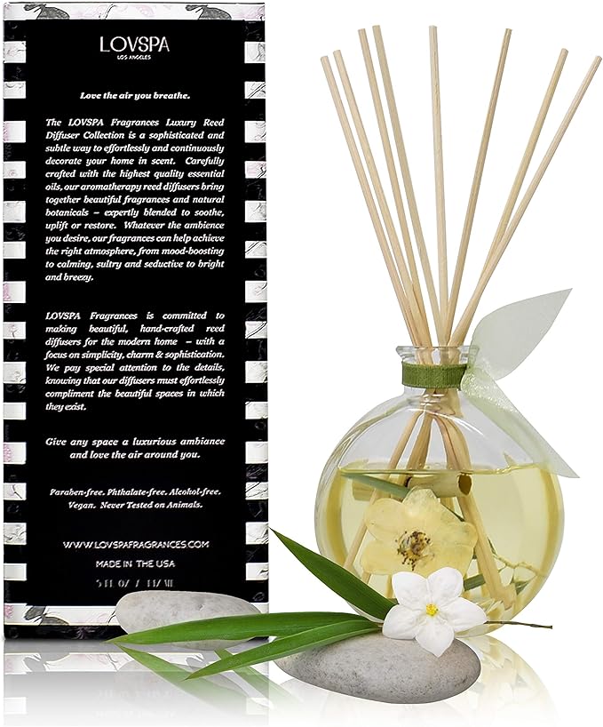 LOVSPA Reed Diffuser Set, Bamboo Jasmine Scented Oil Diffuser with Sticks, Home Fragrance Accessories for Bathroom Shelf Decor, Aroma Diffusers for Home or Office Desk, USA Made