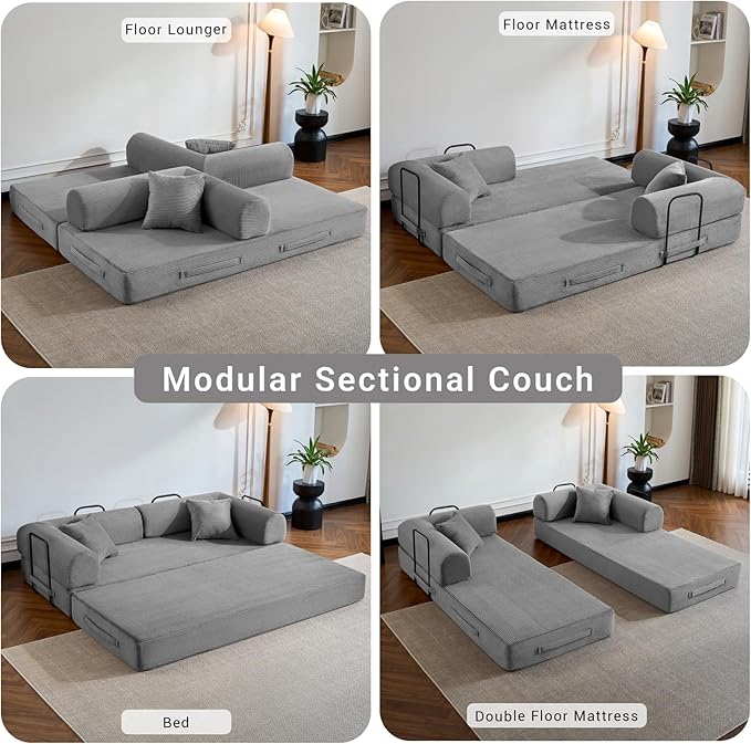Compressed Sofa, Convertible Sofa Bed, Corduroy Compression Boneless Couch with Pillow, Comfy Modular Foldable Floor Sleeper Sofa for Bedroom, Living Room, Lounge, Studio (Light Gray)