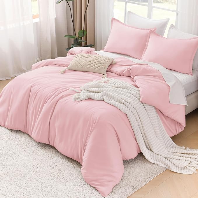 Litanika California King Size Pink Comforter Set, 3 Pieces Cal King Aesthetic Soft Solid Bedding Comforter Set, All Season Fluffy Bed Set (104x96In Comforter & 2 Pillowcases)
