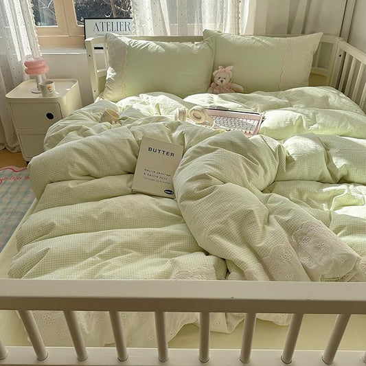 mixinni Green Gingham Duvet Cover King Size - 3 Piece Cottagecore Plaid Bedding Set with Lace Trim, Soft Washed Microfiber Vintage Aesthetic Grid Comforter Cover & Pillow Shams, (Green White Gingham)