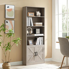 70in Tall Bookshelf 6 Tier Bookcase with Barn Doors and Adjustable Shelf, Oak Grey Farmhouse Book Shelves with Storage Cabinet, Wood Floor Standing Display Bookshelve for Bedroom, Living Room
