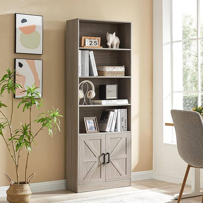 70in Tall Bookshelf 6 Tier Bookcase with Barn Doors and Adjustable Shelf, Oak Grey Farmhouse Book Shelves with Storage Cabinet, Wood Floor Standing Display Bookshelve for Bedroom, Living Room