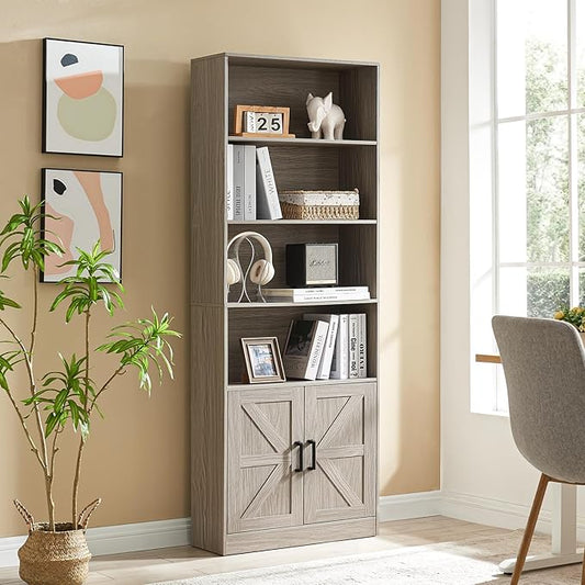 70in Tall Bookshelf 6 Tier Bookcase with Barn Doors and Adjustable Shelf, Oak Grey Farmhouse Book Shelves with Storage Cabinet, Wood Floor Standing Display Bookshelve for Bedroom, Living Room