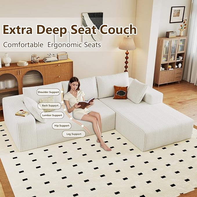 96" Modular Sectional Couch, Boneless L Shaped Cloud Sofa with Chaise Lounge, Corduroy Upholstered Couches Memory Foam Deep Seat, No Assembly Required, Ideal for Living Room(White, Right Facing)
