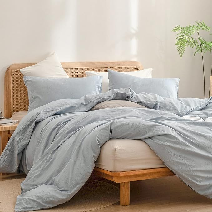 BESTOUCH Duvet Cover Set 100% Washed Cotton Linen Feel Super Soft Comfortable Chic Lightweight 2 PCs Home Bedding Set Solid Cornflower Blue Twin/Twin XL