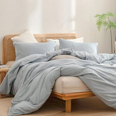 BESTOUCH Duvet Cover Set 100% Washed Cotton Linen Feel Super Soft Comfortable Chic Lightweight 3 PCs Home Bedding Set Solid Cornflower Blue Oversized Queen