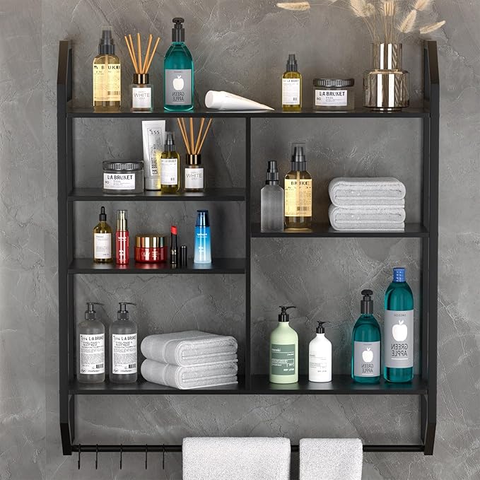 FAHKNS Gaming Floating Shelves, 35" Large LED Wall Shelves with Adjustable Tier, Wall Mounted Bookshelf with Hanging Pipe & 6 Hooks for Bedroom Gaming Room Kitchen Coffee Bar Decor, Black