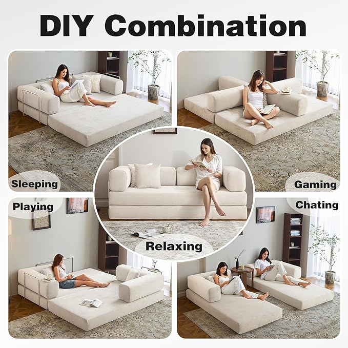 78.8" Convertible Sofa Bed -Compression Sofa with Corduroy Fabric - with Armrests and Backrest - Modular Sectional for Living Room, Bedroom, Studio - Compression Sofa in Box (Beige)