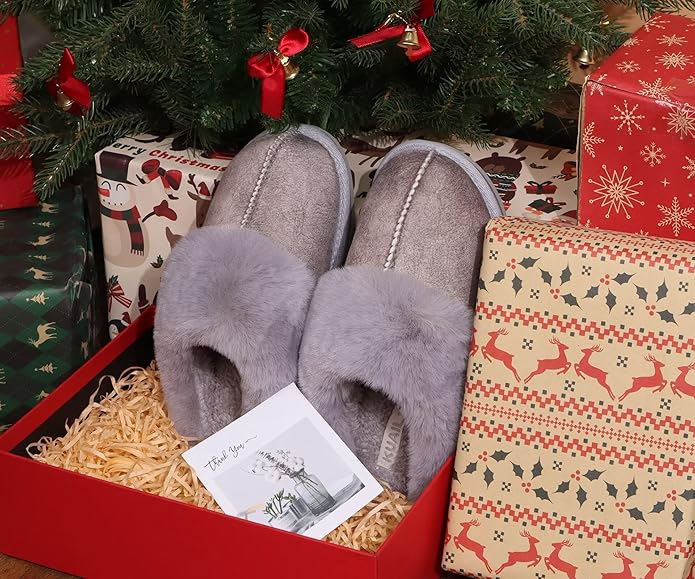 KuaiLu Womens Fluff Dual Memory Foam Slippers Ladies Cozy Arch Support Warm Scuff Slippers Slip on Comfy Winter House Shoes with Non-Slip Indoor Outdoor Hard Sole