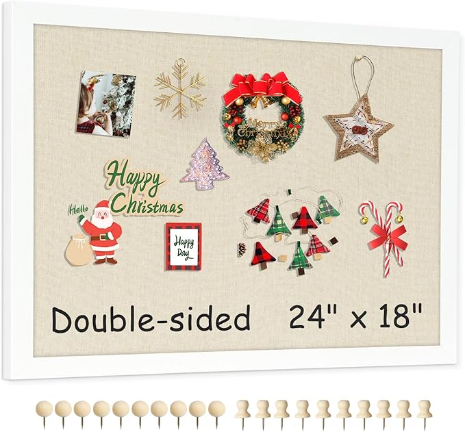 Double-Sided Large Cork Board with Linen, 24" x 18" Hanging Wood Framed Bulletin Board, Picture Display Vision Board Corkboards for Wall Room School Office Decor, 20 Pushpins,1pack