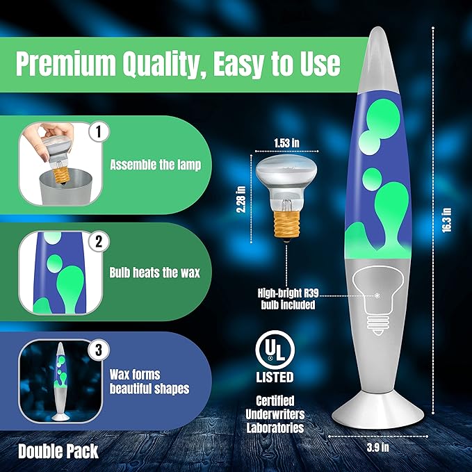 JAMBO 2 Pack- 16" Beautiful Lamp- Silver with Yellow/Green Wax and Blue with Blue/White Wax, Relaxing Liquid Lamp, Night Light Nightlight, Lamps for Adults Teens Kid