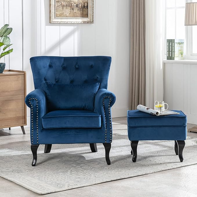 Accent Chairs with Ottoman Set of 2 Velvet Wingback Club Chair Upholstered Reading Chair Lounge Chairs with Wood Legs/Button Tufted Back for Bedroom Living Room, Blue