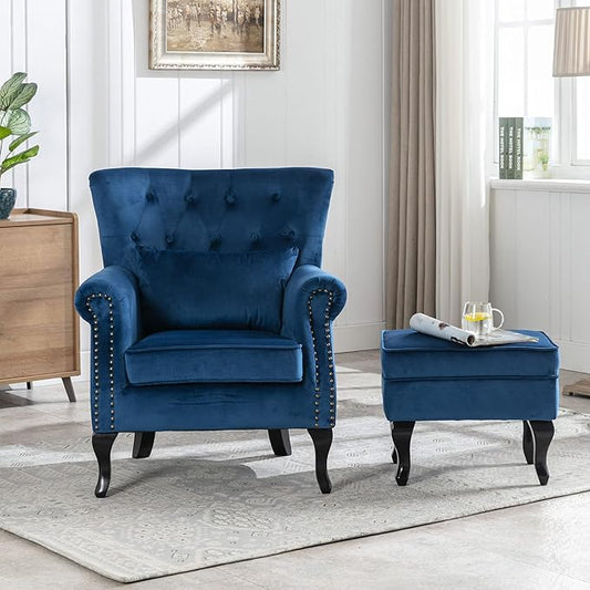 Accent Chairs with Ottoman Set of 2 Velvet Wingback Club Chair Upholstered Reading Chair Lounge Chairs with Wood Legs/Button Tufted Back for Bedroom Living Room, Blue