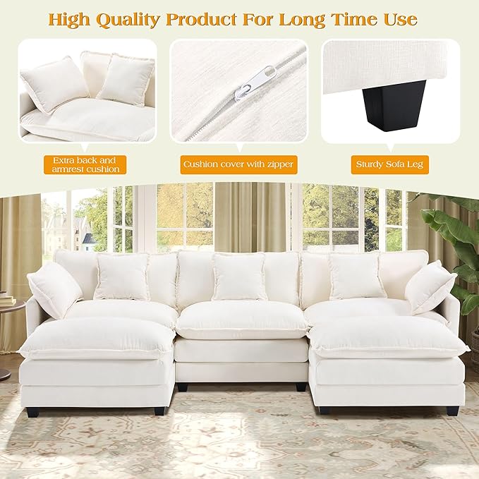113.4" Modular Sectional Sofa,U Shaped Couch for Living Room,Modern Deep Seat Sofa 3 Seater Chenille Fabric Comfy Cloud Couches with Throw Pillows & Movable Ottoman