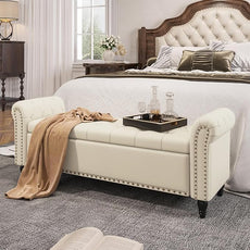 Bedroom Bench, End of Bed Bench with Storage, 55-Inch Bed Benches for Foot of Bed, Faux Leather Window Bench, Upholstered Storage Bench with Tufted Button and Nailhead Trim, Rolled Arms, Cream White