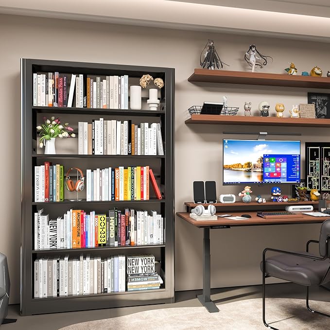 Metal Bookshelf, 5 Tier Bookshelf with Adjustable Shelves, Black Bookcase, Heavy Duty 69” Tall Bookcase, Large Book Case Book Shelf for Bedroom, Living Room, Office, Library