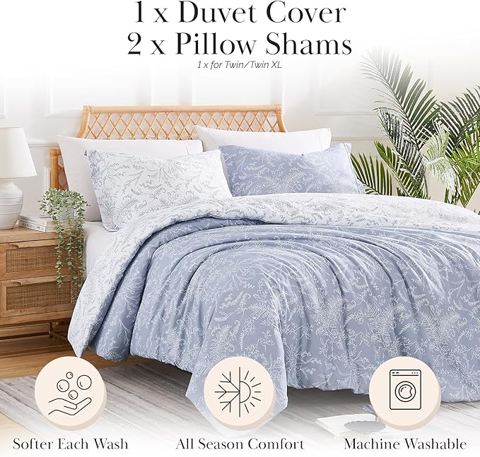 Southshore Fine Living, Inc. Reversible Floral Duvet Cover Set, Twin/XL – Premium Microfiber Bedding, Easy Care – Includes 1 Twin Duvet Cover and 1 Sham, Machine Washable, Winter Brush Blue