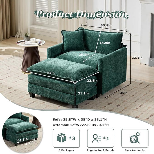 SoarFlash Chenille Sectional Sofa, Comfy Modular Single Sofa with Ottoman, Modern Recliner Deep Seat Sofa Set for Living Room,Green
