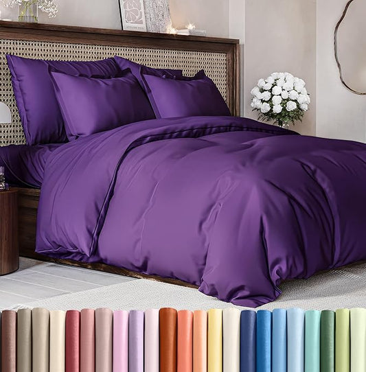 Duvet Cover Queen Size Set - Extra Soft Queen Size Duvet Cover 90 x 90 with 2 Pillow Shams - Hotel Luxury Easy Care and Fade Free with Zipper Closures & Ties - Comfy Breathable Bedding Set (Purple)